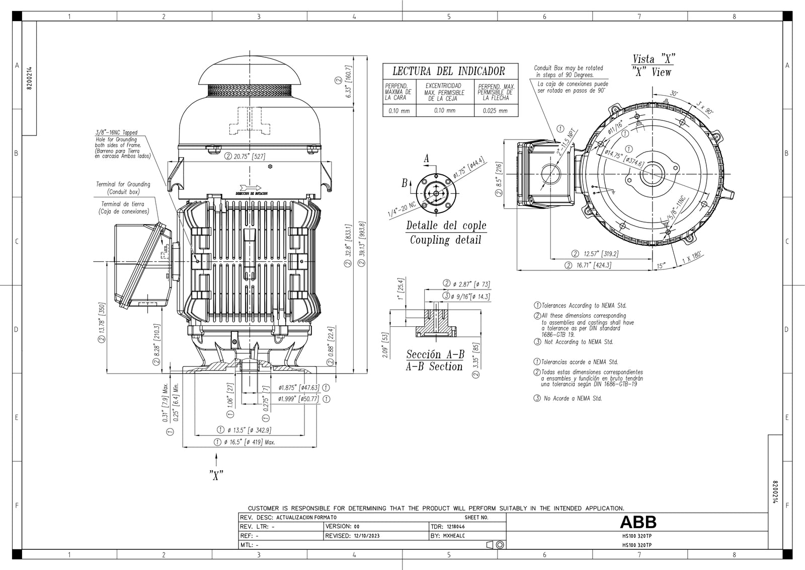 Motor Eléctrico Vertical Flecha Hueca ABB Trifásico 50 HP 1750 RPM Arm