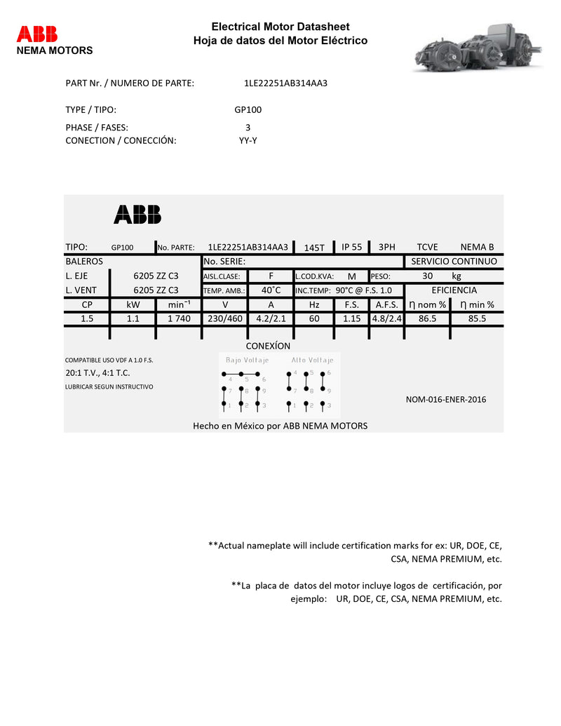 Motor Eléctrico ABB Trifásico 1.5 HP 1750 RPM Arm. Hierro STD Mod. A7B10001013494