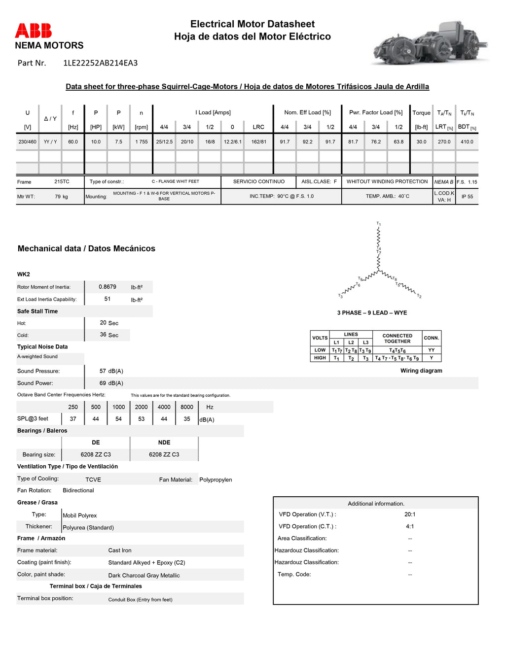Motor Eléctrico ABB Trifásico 10 HP 1750 RPM Arm 215TC Mod. A7B1000101