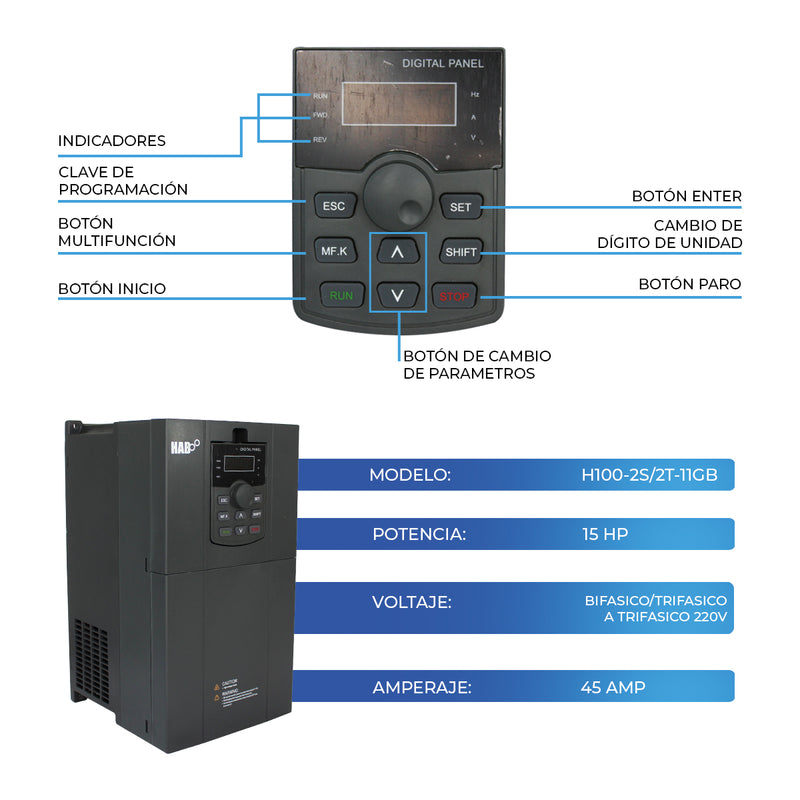 Variador De Frecuencia HAB Motor 15 HP Entrada Bifasica/Trifasica Salida Trifasica 220v