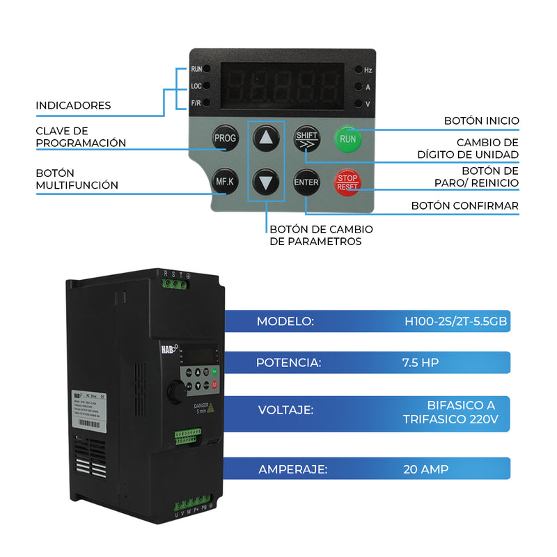 Variador De Frecuencia HAB Motor 7.5 HP Entrada Bifasica/Trifasica Salida Trifasica 220v