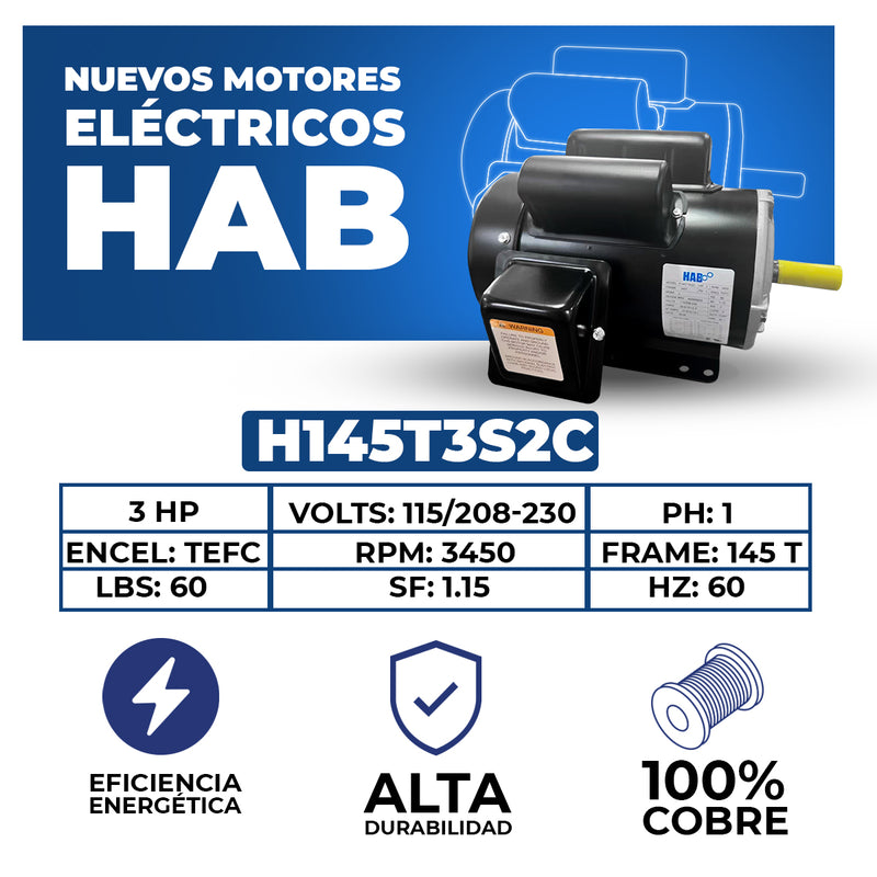Motor Eléctrico HAB Monofásico 3 HP 3550 RPM Arm. 145T Estandar Mod. H145T3S2C