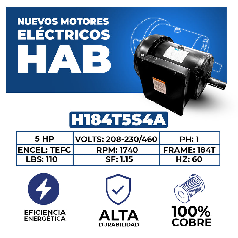 Motor Eléctrico HAB Bifasico 5 HP 1750 RPM Arm. 182T Estandar STD Mod. H184T5S4A