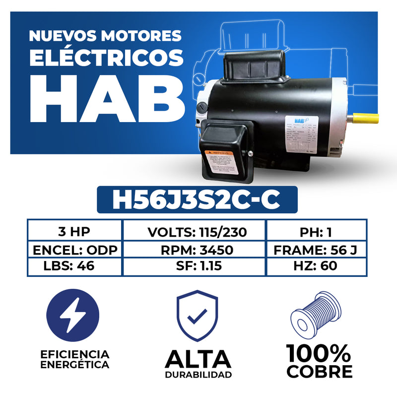 Motor Eléctrico HAB Monofásico 3 HP 3550 RPM Arm. 56J Mod. H56J3S2C-C