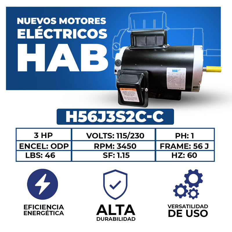 Motor Eléctrico HAB Monofásico 3 HP 3550 RPM Arm. 56J Mod. H56J3S2C-C