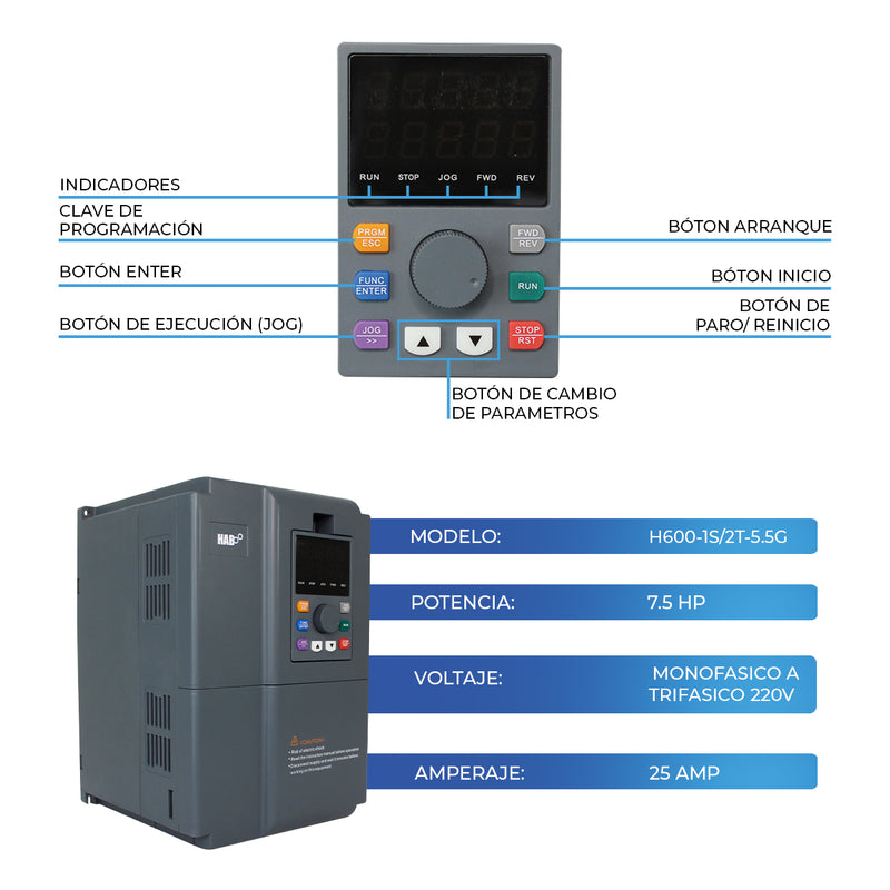 Variador De Frecuencia HAB Motor 7.5 Hp Monofasico 110v A Trifasico 220v