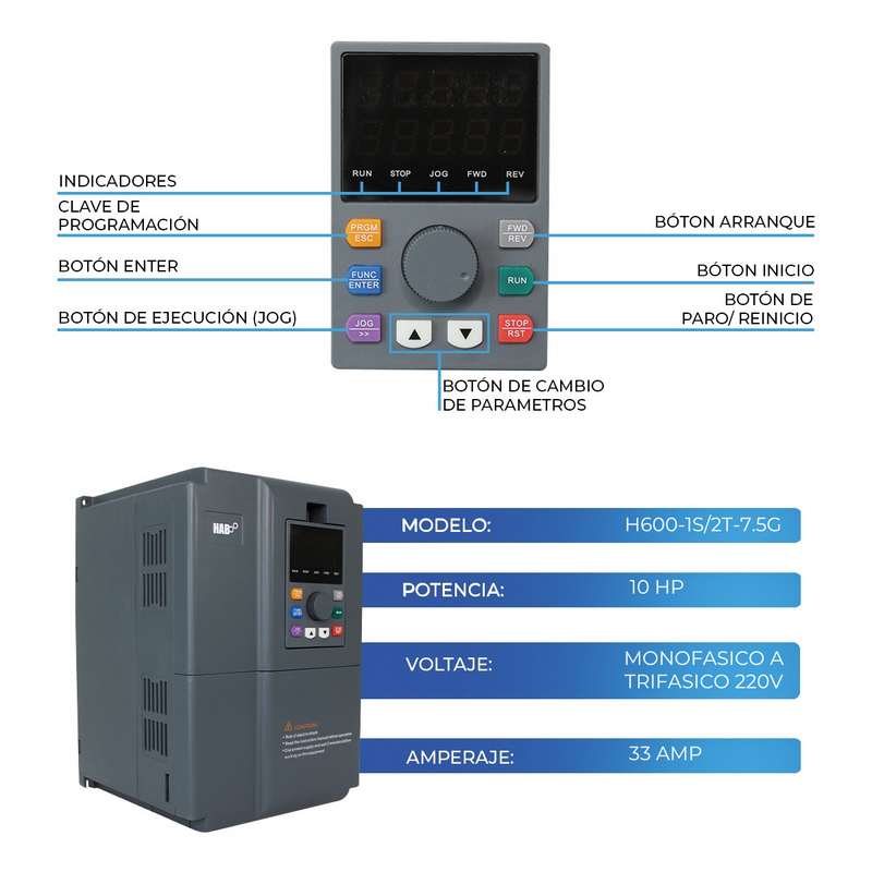 Variador De Frecuencia HAB Motor 10 Hp Monofasico A Trifasico 220v