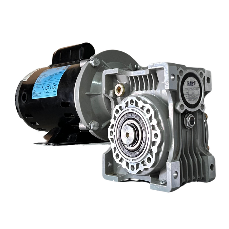 Motorreductor HAB Corona Sin Fin 90° Tamaño RV50 Monofasico 0.5 HP Armazon 56C 40:1 44 RPM Flecha 1"