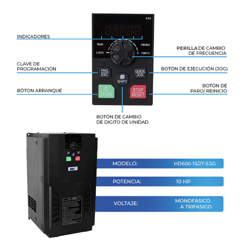 Variador De Frecuencia HAB Motor 10 Hp Monofasico A Trifasico 220v