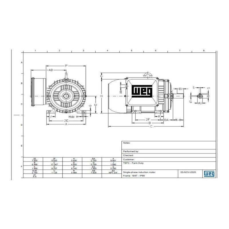 Motor Eléctrico WEG Bifasico 5 Hp 1750 RPM Arm. Hierro STD Mod.14039230