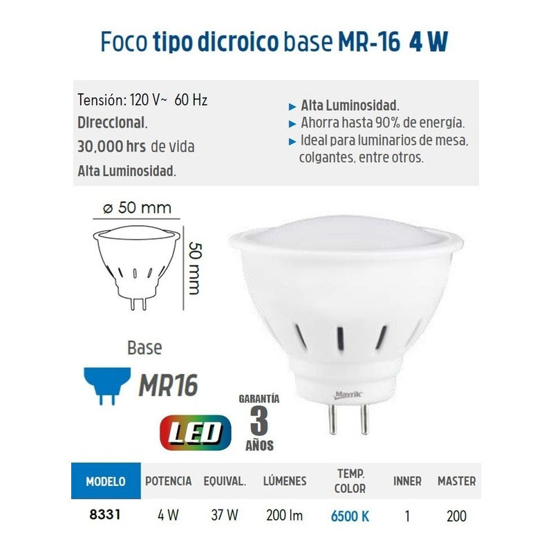 Foco Tipo Dicroico 4 W Base Mr16 Luz Blanca