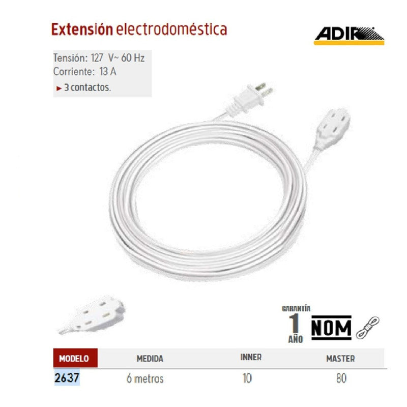 Extensión Electrodomestica, Color Blanco De 6 Metros.