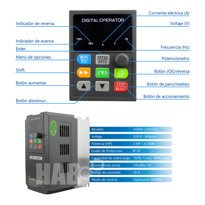 Variador de Frecuencia y Velocidad 3HP Monofasico a trifasico 220v