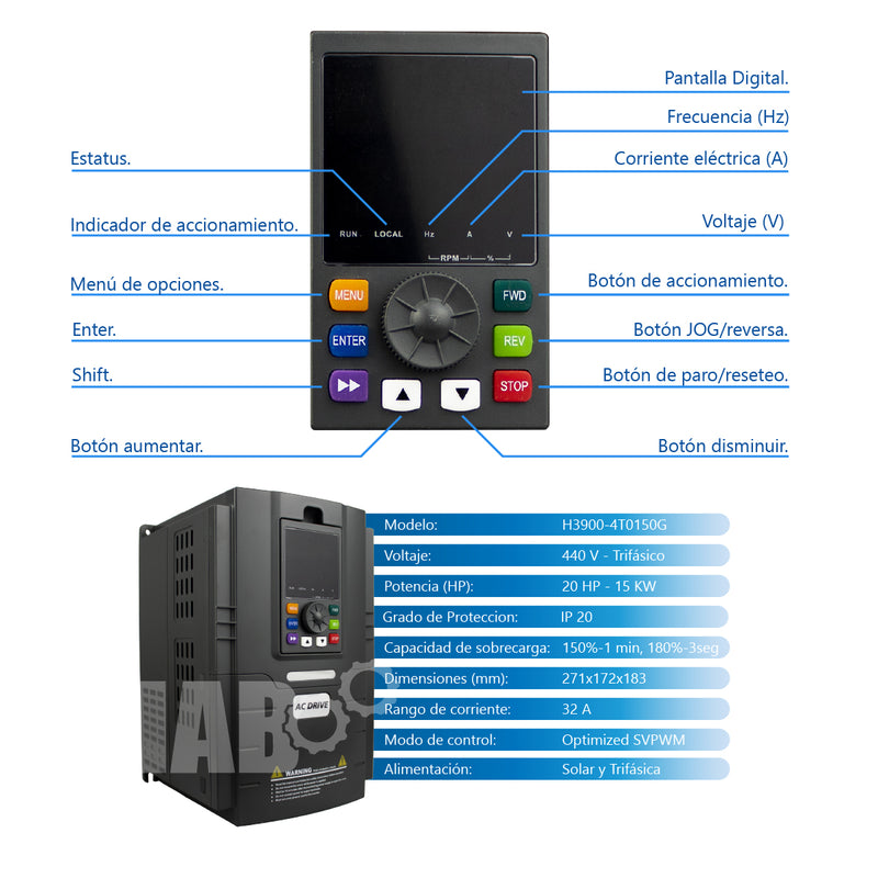 Variador De Frecuencia HAB Motor 20 Hp Trifasico 440v 32 Amp con opción a Alimentación Solar
